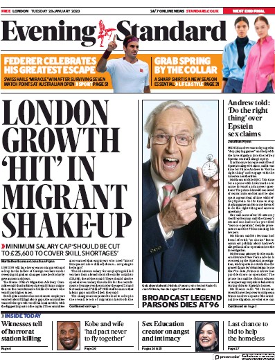 London Evening Standard Newspaper Front Page for 29 January 2020