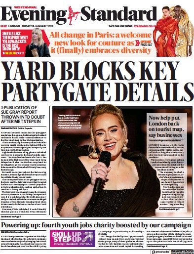 London Evening Standard (UK) Newspaper Front Page for 29 January 2022