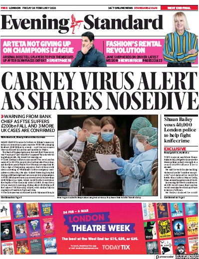 London Evening Standard Newspaper Front Page for 29 February 2020