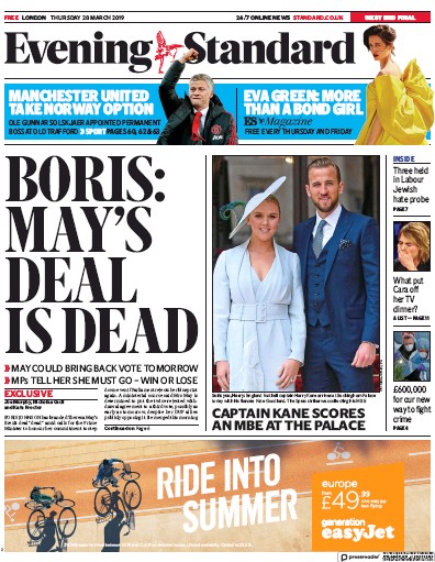 London Evening Standard Newspaper Front Page for 29 March 2019