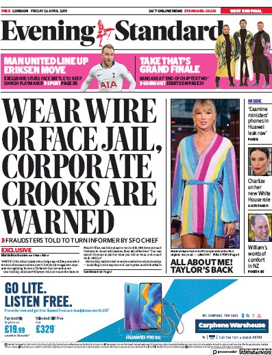 London Evening Standard Newspaper Front Page for 29 April 2019