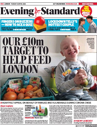 London Evening Standard (UK) Newspaper Front Page for 29 April 2020