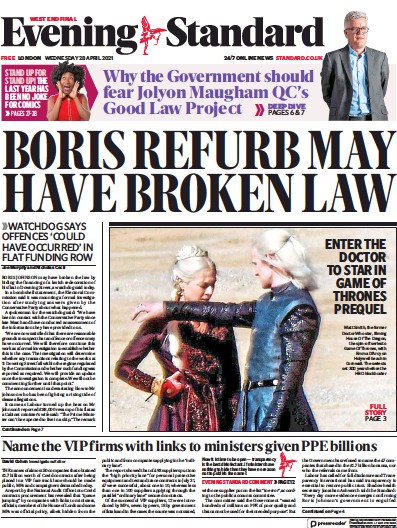 London Evening Standard (UK) Newspaper Front Page for 29 April 2021