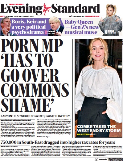 London Evening Standard Newspaper Front Page for 29 April 2022