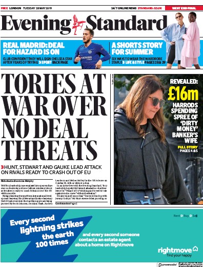 London Evening Standard Newspaper Front Page for 29 May 2019