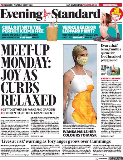 London Evening Standard Newspaper Front Page for 29 May 2020