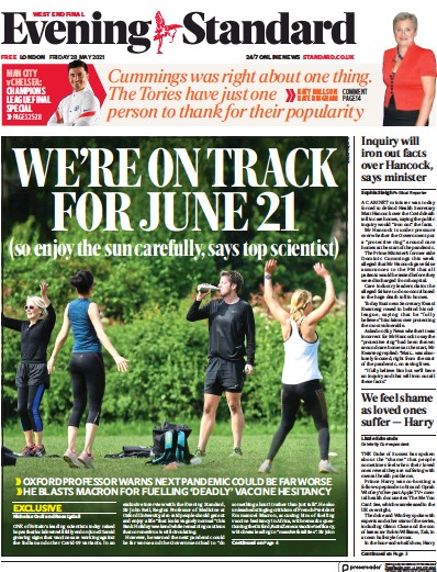 London Evening Standard Newspaper Front Page for 29 May 2021