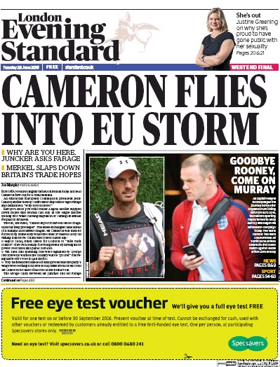 London Evening Standard Newspaper Front Page for 29 June 2016