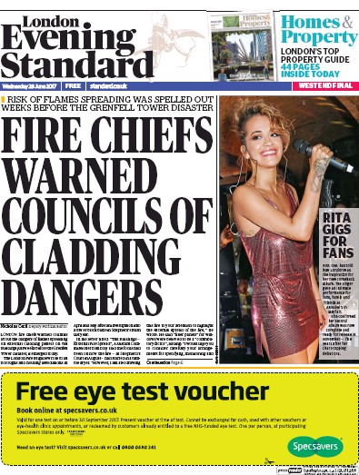 London Evening Standard Newspaper Front Page for 29 June 2017