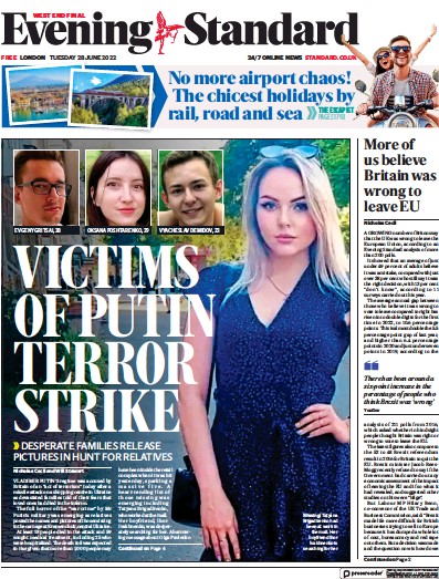 London Evening Standard (UK) Newspaper Front Page for 29 June 2022