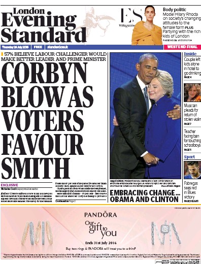 London Evening Standard Newspaper Front Page for 29 July 2016