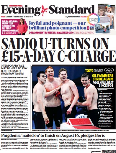 London Evening Standard (UK) Newspaper Front Page for 29 July 2021