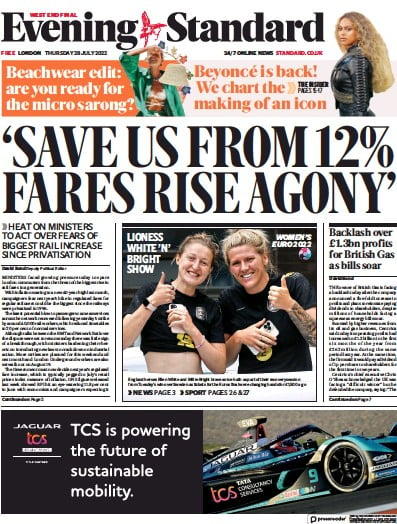 London Evening Standard (UK) Newspaper Front Page for 29 July 2022