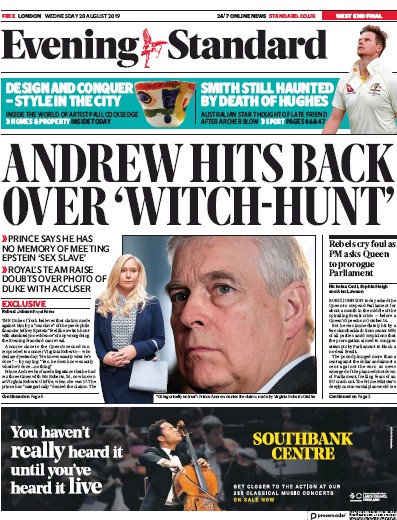 London Evening Standard Newspaper Front Page for 29 August 2019