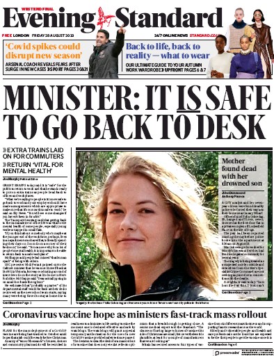 London Evening Standard Newspaper Front Page for 29 August 2020