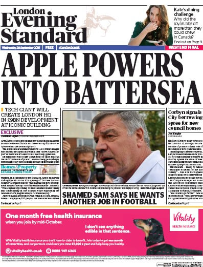 London Evening Standard Newspaper Front Page for 29 September 2016
