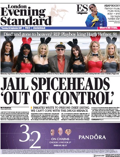 London Evening Standard Newspaper Front Page for 29 September 2017