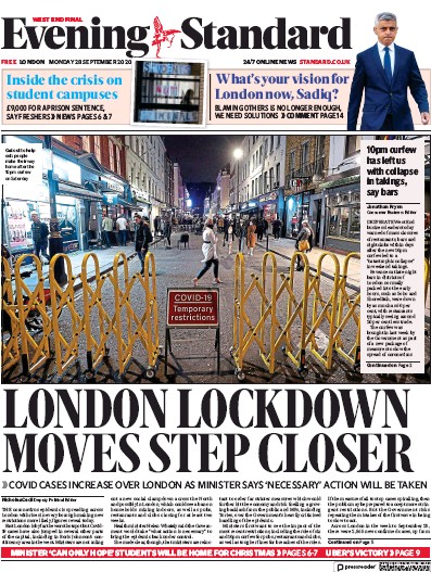 London Evening Standard Newspaper Front Page for 29 September 2020