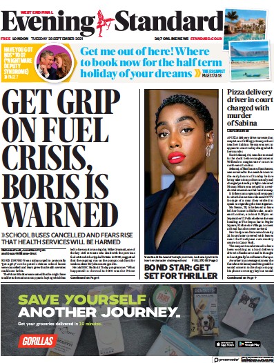 London Evening Standard (UK) Newspaper Front Page for 29 September 2021