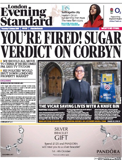 London Evening Standard (UK) Newspaper Front Page for 2 October 2015