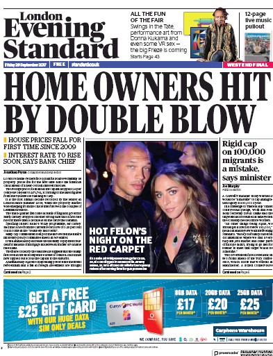 London Evening Standard Newspaper Front Page for 2 October 2017