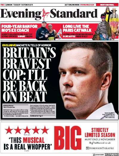 London Evening Standard Newspaper Front Page for 2 October 2019
