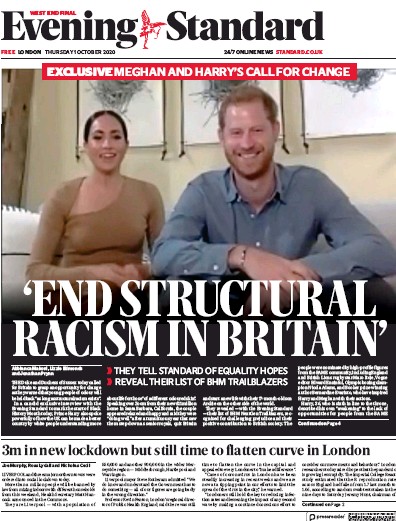 London Evening Standard Newspaper Front Page for 2 October 2020