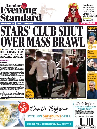 London Evening Standard Newspaper Front Page for 2 November 2015