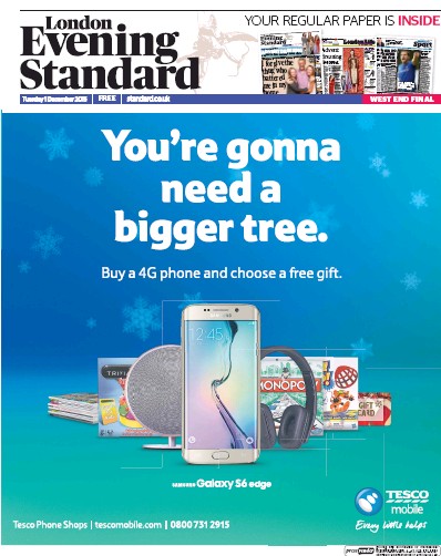 London Evening Standard Newspaper Front Page for 2 December 2015