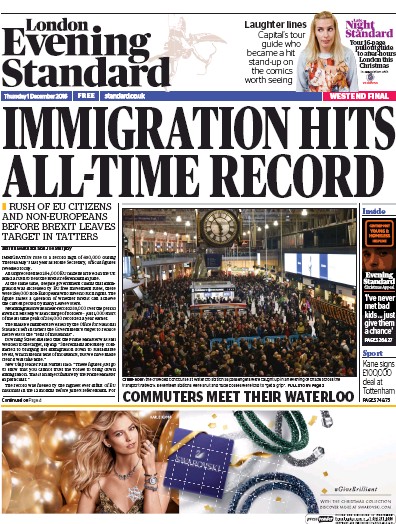 London Evening Standard Newspaper Front Page for 2 December 2016