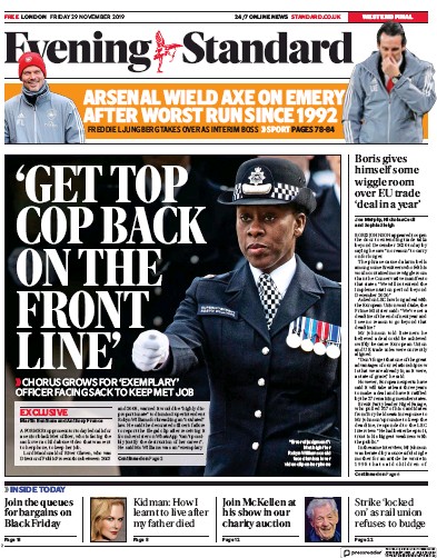 London Evening Standard Newspaper Front Page for 2 December 2019