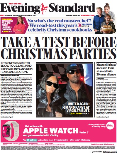 London Evening Standard (UK) Newspaper Front Page for 2 December 2021