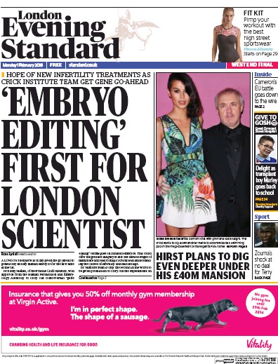 London Evening Standard (UK) Newspaper Front Page for 2 February 2016