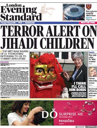 London Evening Standard Newspaper Front Page for 2 February 2018