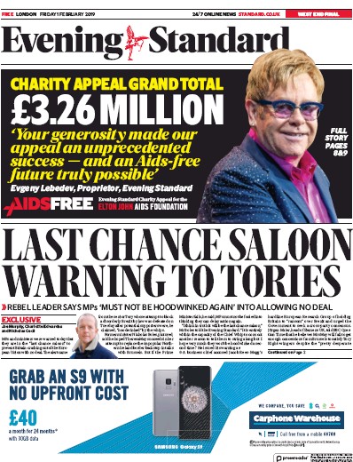 London Evening Standard (UK) Newspaper Front Page for 2 February 2019