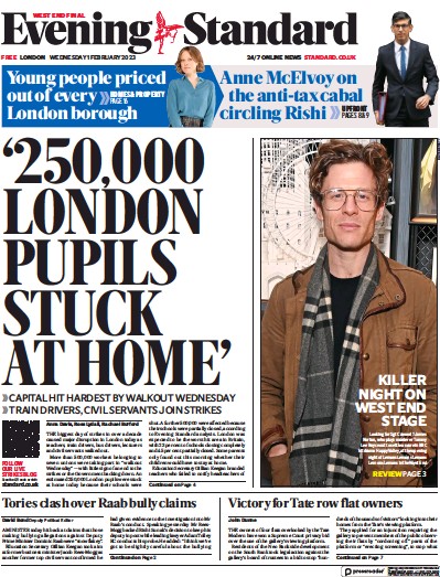 London Evening Standard (UK) Newspaper Front Page for 2 February 2023