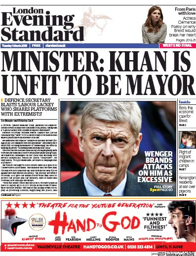 London Evening Standard Newspaper Front Page for 2 March 2016