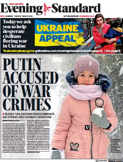 London Evening Standard (UK) Newspaper Front Page for 2 March 2022