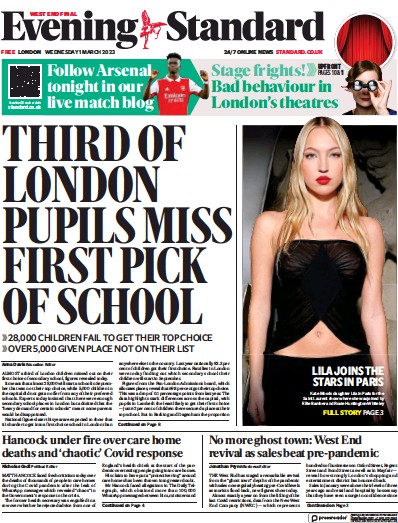 London Evening Standard (UK) Newspaper Front Page for 2 March 2023