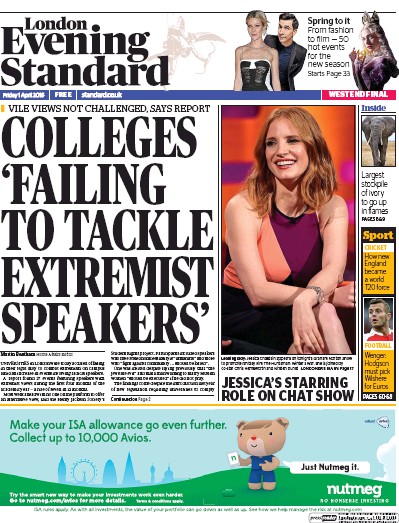 London Evening Standard Newspaper Front Page for 2 April 2016