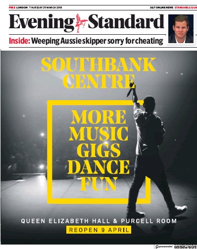 London Evening Standard Newspaper Front Page for 2 April 2018