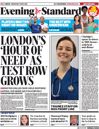 London Evening Standard Newspaper Front Page for 2 April 2020