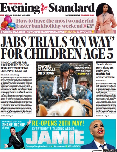 London Evening Standard (UK) Newspaper Front Page for 2 April 2021