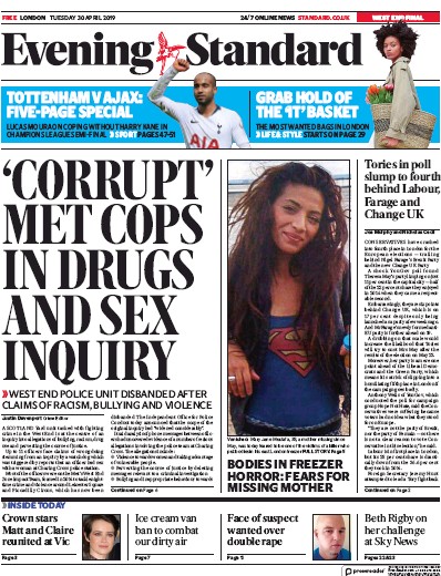 London Evening Standard Newspaper Front Page for 2 May 2019