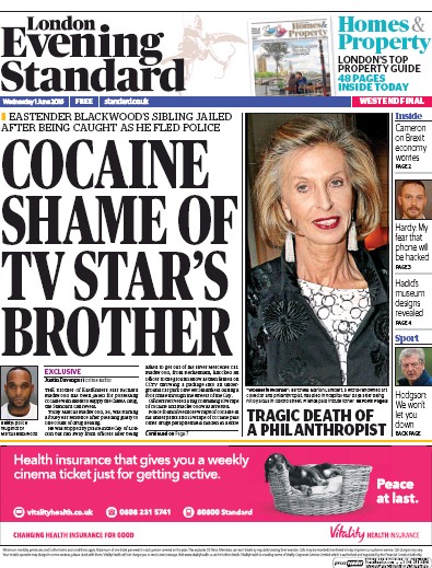 London Evening Standard Newspaper Front Page for 2 June 2016