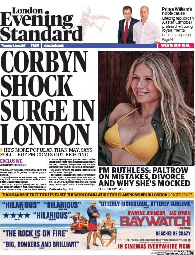 London Evening Standard Newspaper Front Page for 2 June 2017