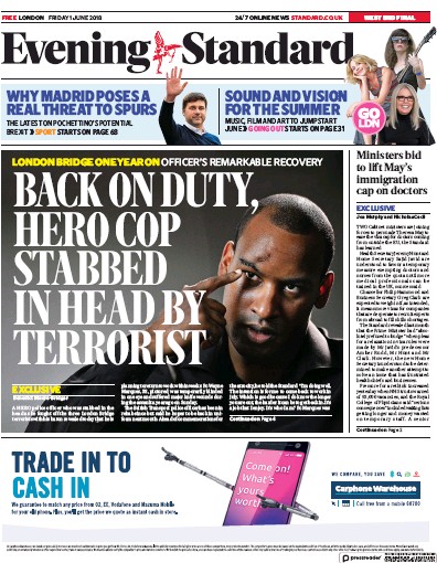 London Evening Standard Newspaper Front Page for 2 June 2018