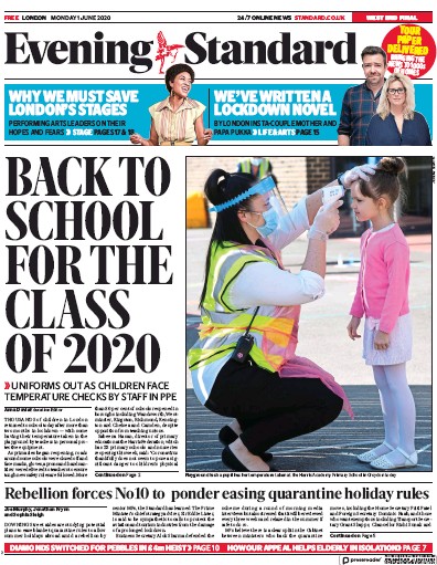 London Evening Standard Newspaper Front Page for 2 June 2020