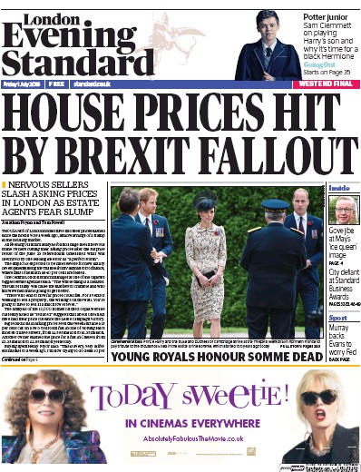 London Evening Standard Newspaper Front Page for 2 July 2016