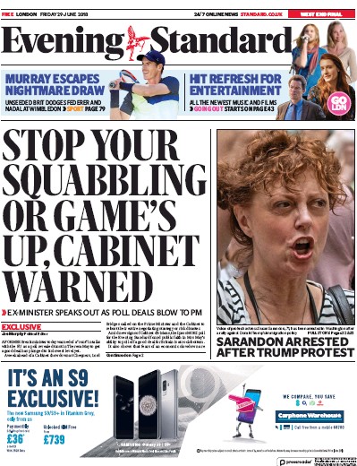 London Evening Standard Newspaper Front Page for 2 July 2018